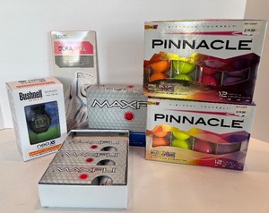 lot 42 image: Bushnell neo XS GPS RangeFinder Watch - 3 MaxFli Boxes - 2 Pinnacle Bling Balls - Nike DuraFeel Glove