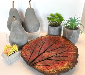 lot 45 image: Decorative Stone Pear Sculptures Set of 3 - Concrete Succulent Planters & Leaf Sculpture