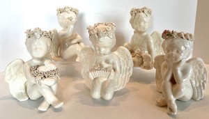 lot 46 image: Lorraine Eggleston Angel Figurines - 5-Piece White Porcelain Cherub Set Santa Ana CA #1