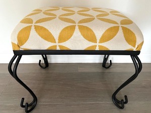 lot 57 image: Ottoman Footstool - Yellow Circle Pattern Upholstery with Black Curved Metal Legs