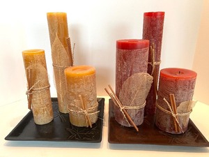 lot 66 image: Pillar Candles Set - Leaf-Embossed Ceramic Plates - 6 Candles & 2 Plates