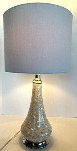 lot 77 image: Table Lamp - Mosaic Glass Teardrop Base & Gray Drum Shade