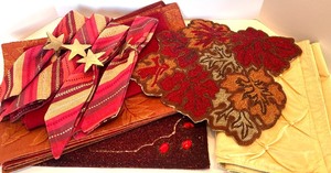 lot 80 image: Beaded Table Runner & Beaded Mat Set - Reds and Golds