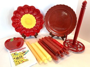 lot 82 image: Minnesota Map Kitchen Towel, Ceramic Serving Plate and Deviled Egg Plate, Paper Towel Stand & Candles