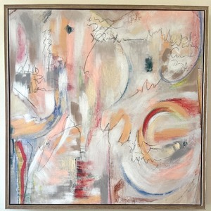 lot 89 image: Abstract Painting on Canvas - Pastel Arcs & Scribbles, Framed Wall Art