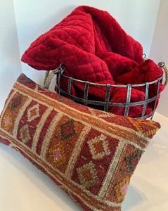 lot 96 image: Geometric Pattern Pillow - Red Throw Blanket & Metal Wire Basket