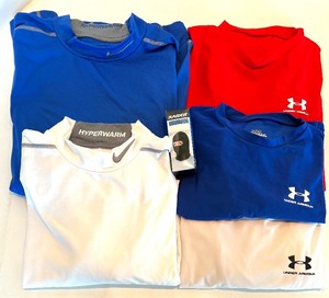 lot 97 image: Nike Pro Combat Dri-Fit XL Blue, Nike HyperWarm XL White & Under Armour Long-Sleeve XL Red & Blue - Qty 5 and Raider Balaclava