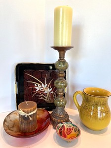 lot 99 image: Italian Yellow Pitcher & Candlestick Set with Glass Bowl, Asian Tray & Hand-Painted Fruit Bowl