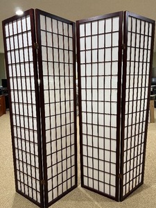 lot 128 image: Shoji Screens - Two 3-Panel Folding Room Dividers, Dark Wood Frames & White Translucent Panels