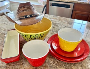 lot 150 image: Popcorn Kitchenware Set With Yellow Bowl & RedYellow Cups, Includes Cowboy Hat