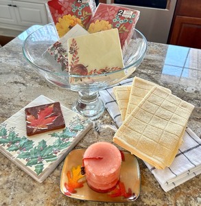lot 151 image: Napkin Sets & Seasonal Decor Bundle - 2-Pack Napkins, Leaf Tiles & Candle