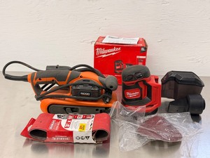lot 25 image: Ultimate Sanding Combo RIDGID 6.5 Amp Corded 3x18 Belt Sander &amp Milwaukee M18 Cordless 5 Random Orbit Sander w Diablo Belts