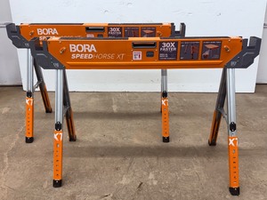 lot 36 image: Bora Speedhorse XT&nbsp(Pair)&nbspAdjustable&nbspHeight Sawhorses  1,800 lb Capacity (Each) &nbspPro&nbspGrade. These two sawhorses.measure 45 inches wide outside to outside.
