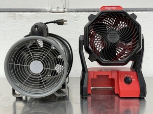 lot 57 image: 1. Compact 9 Comfort Zone PowrCurve Turbo Fan (Model CZHV101BK)2. Heavy-Duty Industrial High-Velocity Floor Blower Fan (All-Metal Build)3. Milwaukee M18 CordlessCorded Jobsite Fan (Tool Only, Model 0886-20)