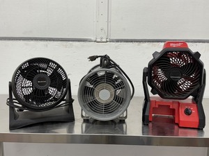 lot 57 image: 1. Compact 9 Comfort Zone PowrCurve Turbo Fan (Model CZHV101BK)2. Heavy-Duty Industrial High-Velocity Floor Blower Fan (All-Metal Build)3. Milwaukee M18 CordlessCorded Jobsite Fan (Tool Only, Model 0886-20)