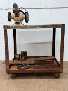 lot 60 image: Heavy-Duty Industrial Metal Utility Cart &amp Vintage Bench Grinder Station