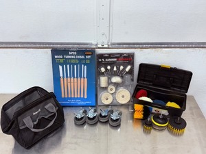 lot 63 image: Wente 8-Piece Wood Turning Chisel Set14 Pc. Aluminum Polishing KitAnvil 10-inch Tool Bag&nbspA durable, water-resistant bag with multiple pockets and a full zipper for easy organization and transport of small tools.Four Small Metal Casters&nbsp