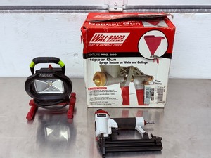 lot 72 image: Home Improvement Tool Bundle Wal-Board Texture Gun, Husky LED Work Light, and 2-in-1 NailerStapler