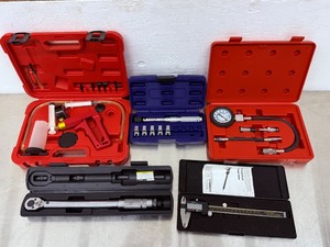 lot 75 image: Automotive Master Mechanics Diagnostic &amp Measurement Tool Lot - 5 Cased Sets(Includes Brake Bleeder, Compression Tester, Torque Wrenches, Digital Caliper &amp Bore Gauge)