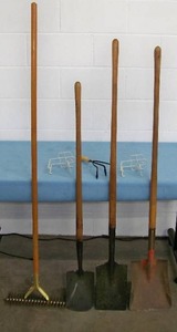 lot 80 image: Lawn  Garden Tools (three Shovels, one Union Fork and Hoe Combo, one hand Hoe) and (2) Hangers