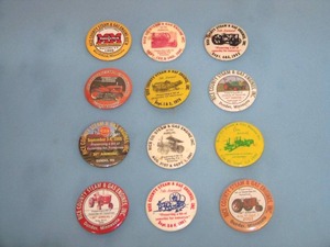 lot 68 image: (12) Vintage  Collectible Rice County Steam and Gas Engines Inc. Pins from the 70s, 80s, 90s, 2000s and LaminatedSIGNED Poster of Drag Racing Legend Tom Hoover