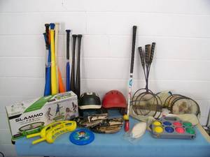 lot 75 image: Backyard Sports Equipment - Badminton, Bocce Ball, Misc FootballsSoccer BallsBasketballs, Baseball Gear, Slammo Game and more