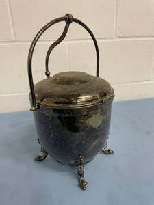 lot 89 image: Vintage THERMOS Brand Silver-Plated Ice Bucket with Hinged Lid and Tongs