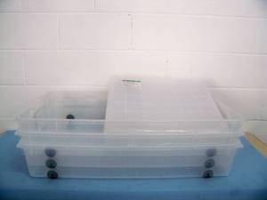 lot 40 image: (3) Plastic Organizers  Containers with (6) Lids for Side-by-Side Opening and on Wheels
