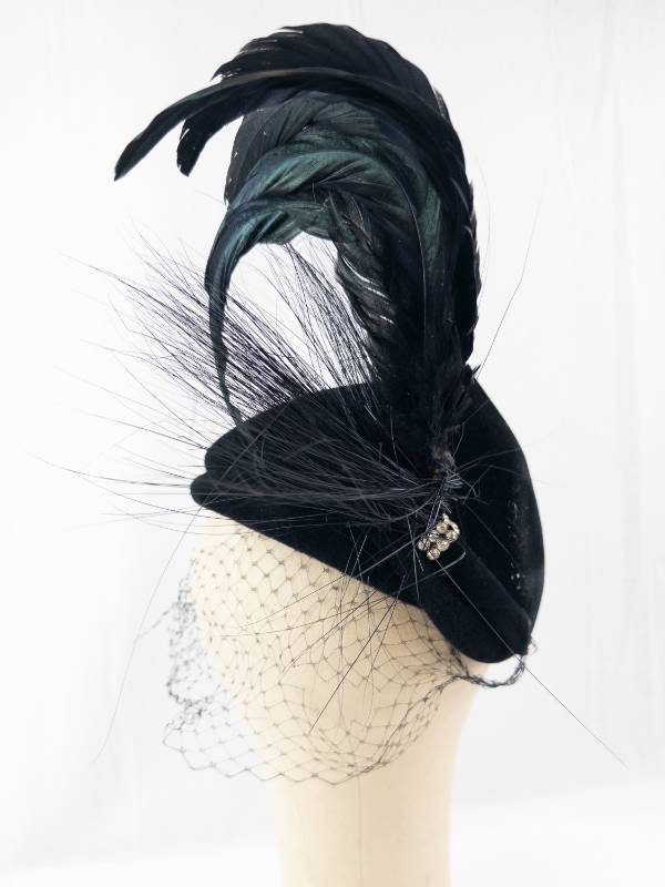 lot 108 image: Original Roberta Bernays Black Velvet Pillbox Hat with Feather Plume and Birdcage Veil