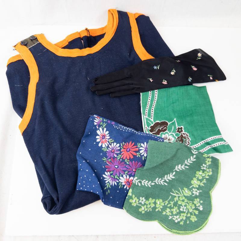 lot 116 image: Navy Tank Top w Orange Trim - Set of 4 Floral Scarves & Black Embroidered Gloves