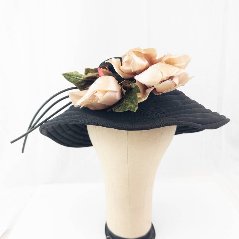 lot 137 image: Angel Designs Black Wide-Brim Hat With Floral Accent and Concentric Pleats