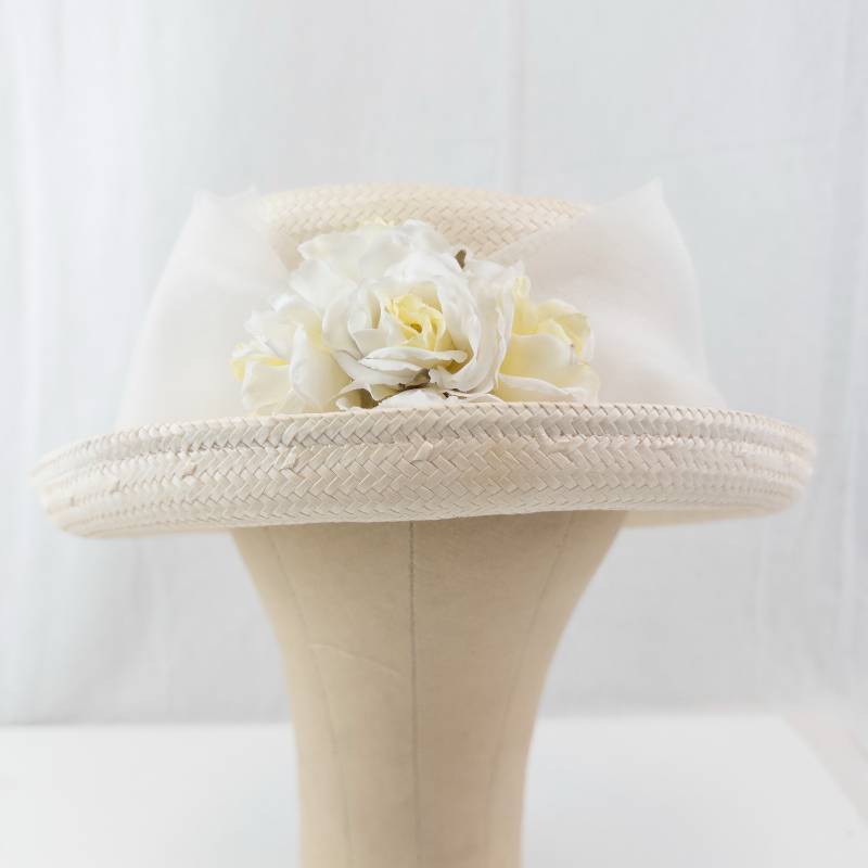 lot 145 image: Cream Straw Hat - Wide Brim with Ribbon & Floral Accent