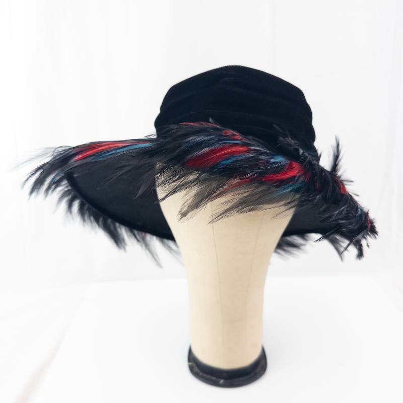 lot 147 image: Black Velvet Top Hat with Red & Blue Feather Plume - Costume Accessory