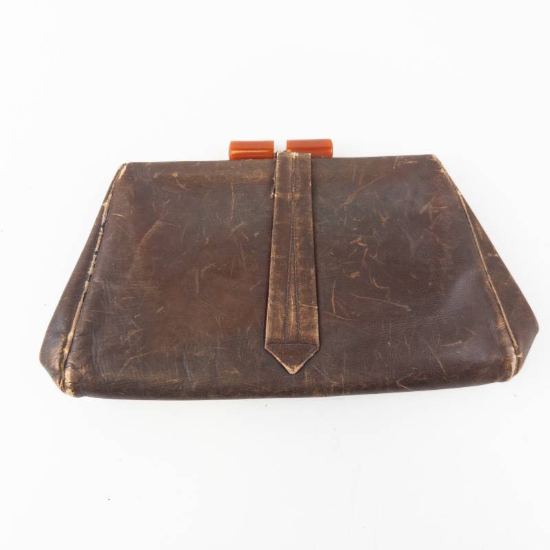 lot 157 image: Vintage Brown Leather Frame Clutch with Orange Clasp