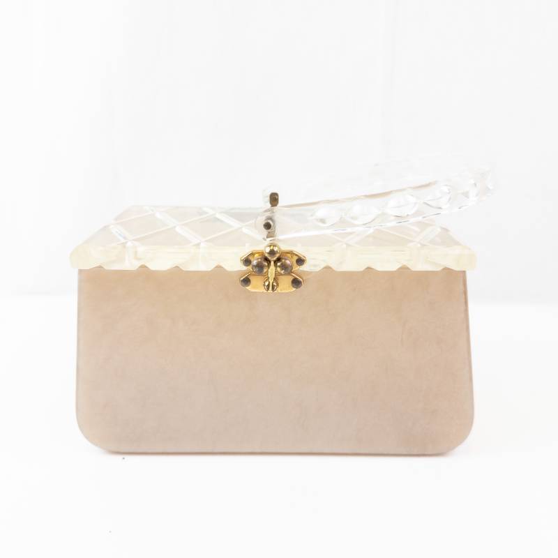 lot 160 image: Lucite Box with Diamond Pattern Lid - Gold Tone Clasp, Vintage Vanity CasePurse