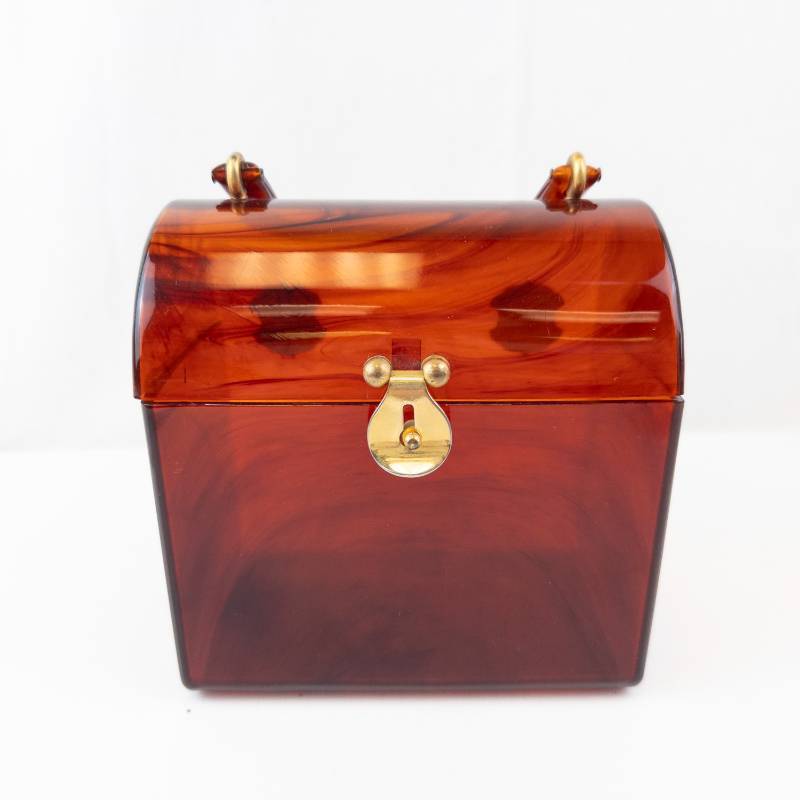 lot 161 image: Vintage Amber Tortoiseshell Jewelry BoxPurse - Small Lidded Keepsake With Gold Hardware