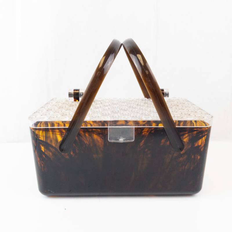 lot 162 image: Tortoiseshell-Patterned Vanity Case with Clear Diamond-Pattern Lid and Dual Handles