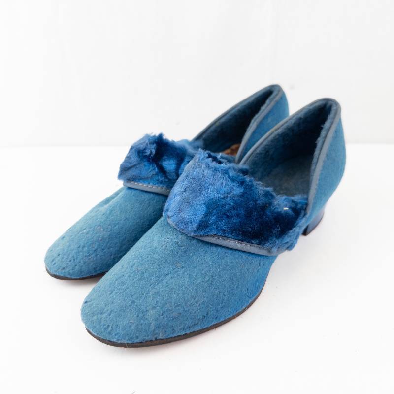 lot 174 image: Blue Suede Fur-Lined Slippers - Low Heel Slip-Ons