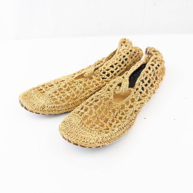 lot 182 image: Gold Crochet Sandals - Open Mesh Knit, 9in Sole Length, Womens Footwear