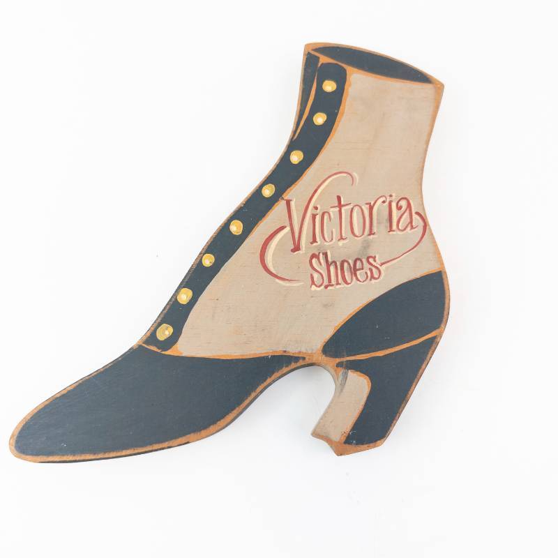 lot 183 image: Victoria Shoes Wooden Boot Sign - Handcrafted 1989, Heart & Soul USA