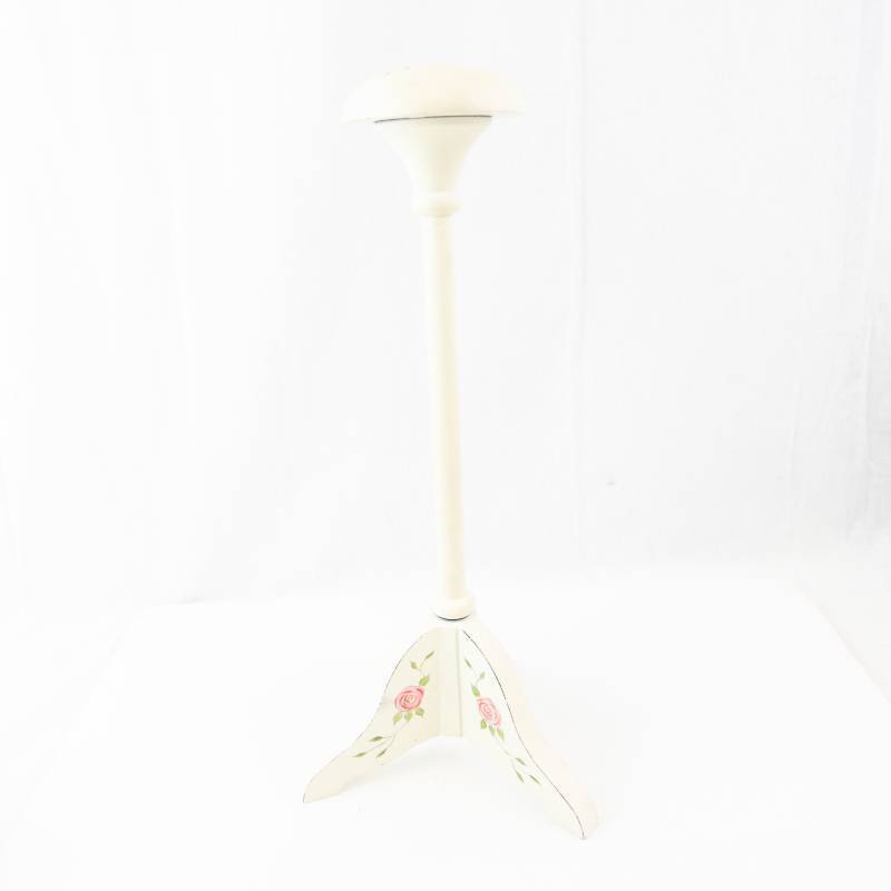 lot 190 image: White Floral Hat Stand with Rose Motif - Painted Wood Tripod Base