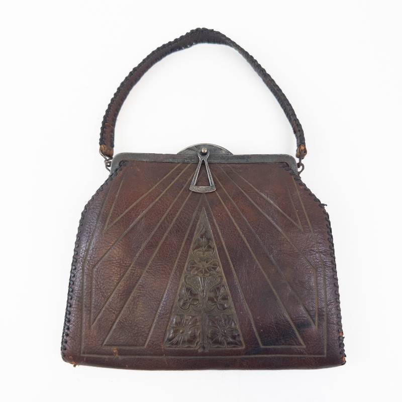 lot 3 image: Vintage Leather Handbag - Art Deco Geometric Pattern, Braided Top-Handle