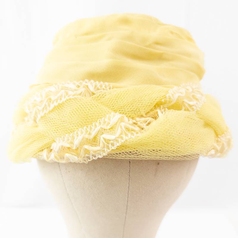 lot 31 image: Yellow Turban Hat with Mesh Wrap & Ruched Crown - Womens Fashion Headwear