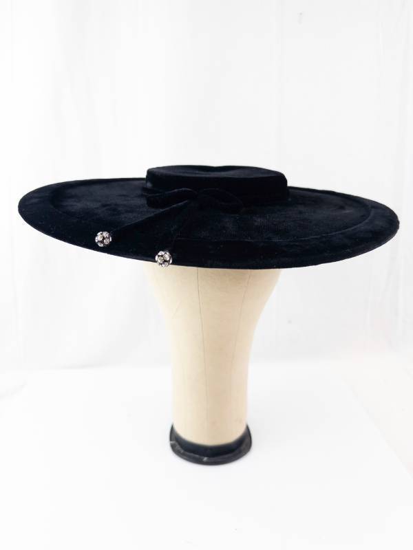 lot 39 image: Black Velvet Wide-Brim Hat with Velvet Bow & Crystal Bead Accents