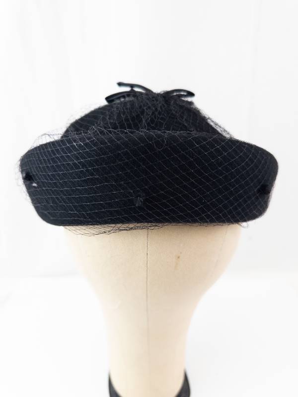 lot 41 image: Glenover Henry Pollak NY Black Velvet Hat with Net Veil and Ribbon Bows