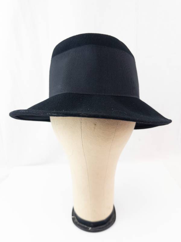 lot 44 image: Black Felt Cloche Hat with Ribbon Bow - Wide Brim, Vintage