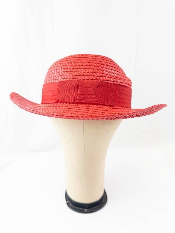 lot 45 image: Vintage Red Straw Sun Hat - Wide Brim with Ribbon Band