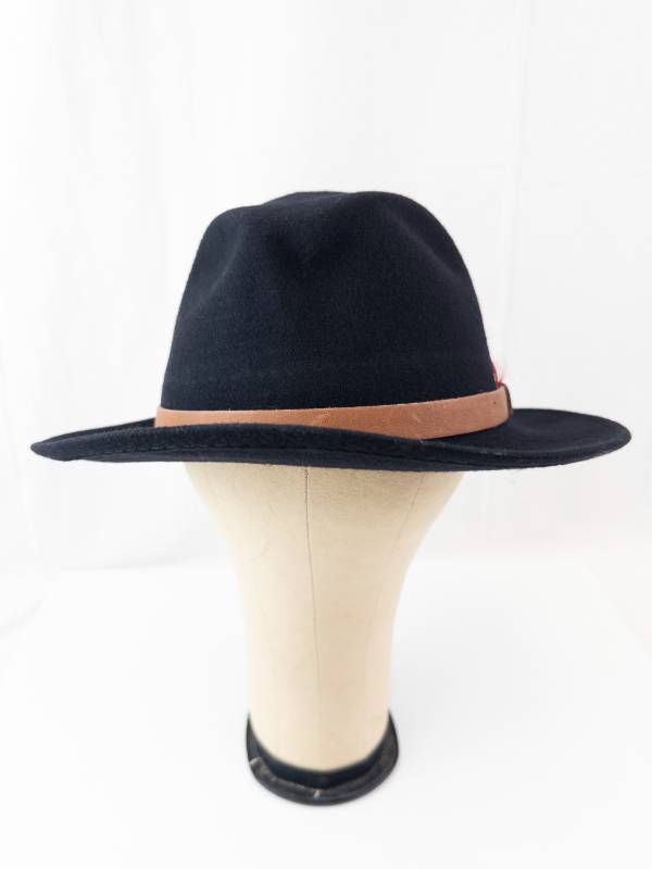 lot 46 image: Black Felt Fedora Hat - Wide Brim, Brown Leather Band & Feather Accent