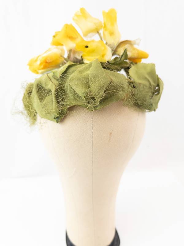 lot 48 image: Floral Headpiece Crown Hat- Yellow Flowers & Green Leaves - Fabric Wreath