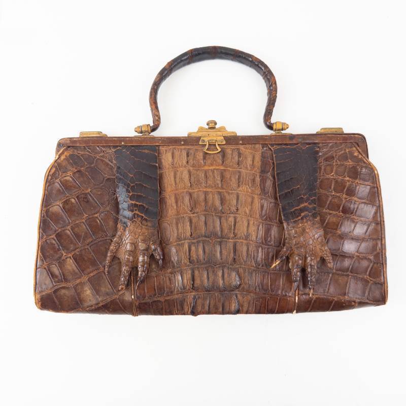 lot 5 image: Vintage Crocodile-Pattern Leather Handbag - Gold-Tone Clasp - Brown